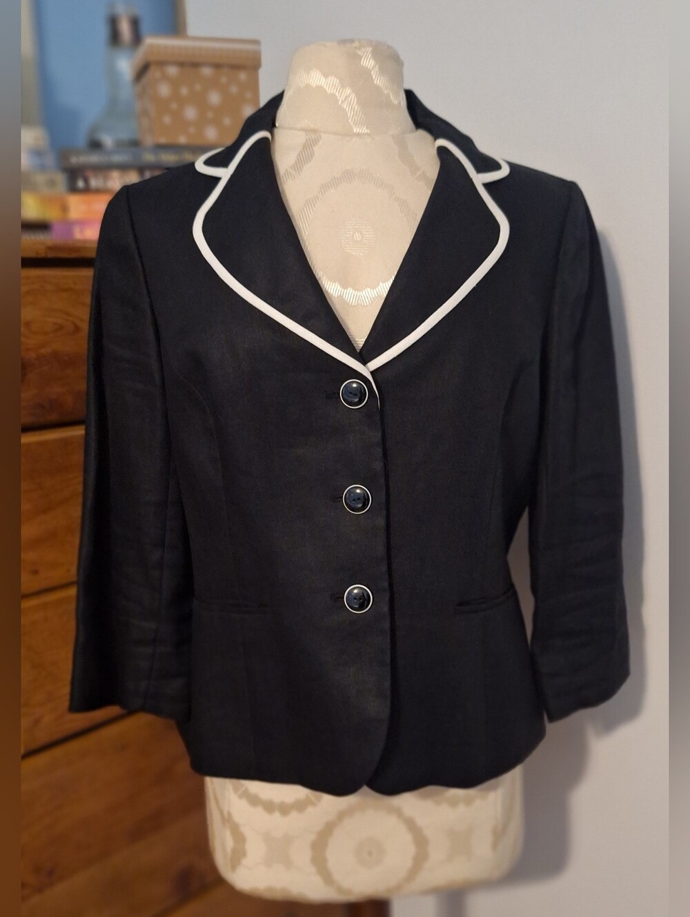 6 For $30- Linen Black Blazer with White Piping